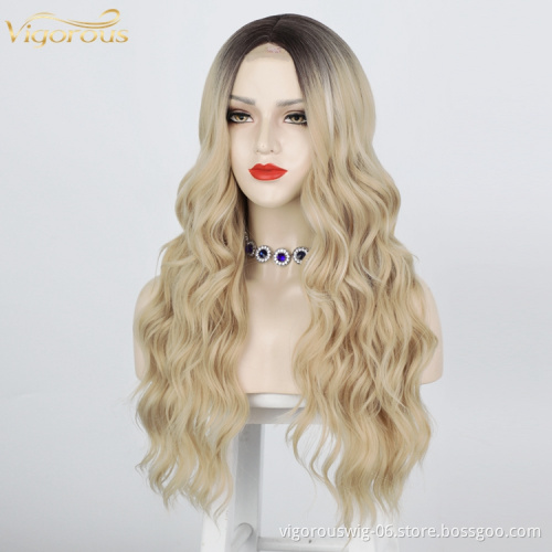 Vigorous Long Blonde Body Wave Full Synthetic Lace Wigs for Black Women Middle Part Ombre Dark Root Heat Resistant Fiber Wig
